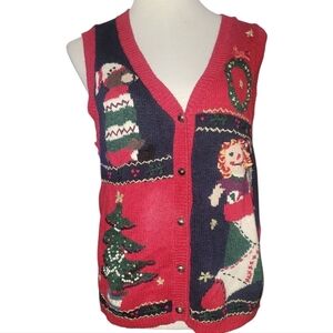 Capacity Red Knit sweater vest Christmas tree holiday festive medium stocking